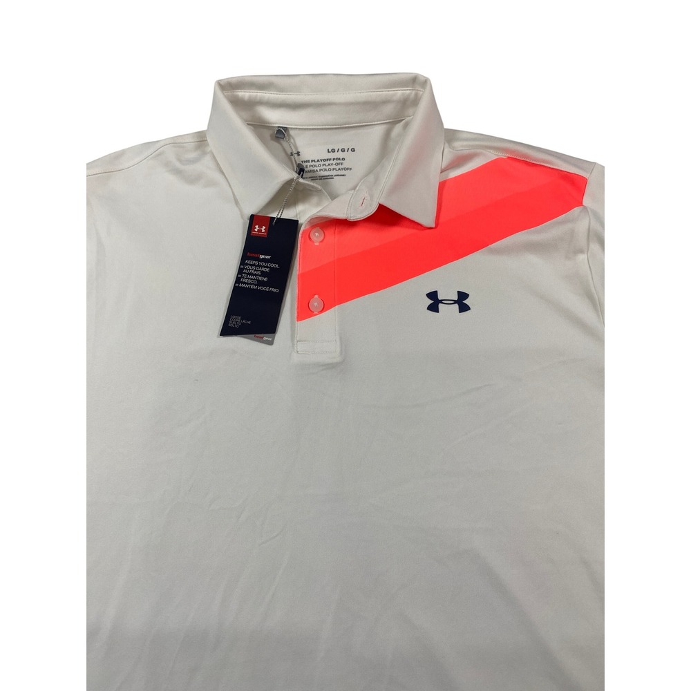 Under Armour Mens Playoff Polo Shirt White Neon Orange HeatGear Loose Fit Large‎